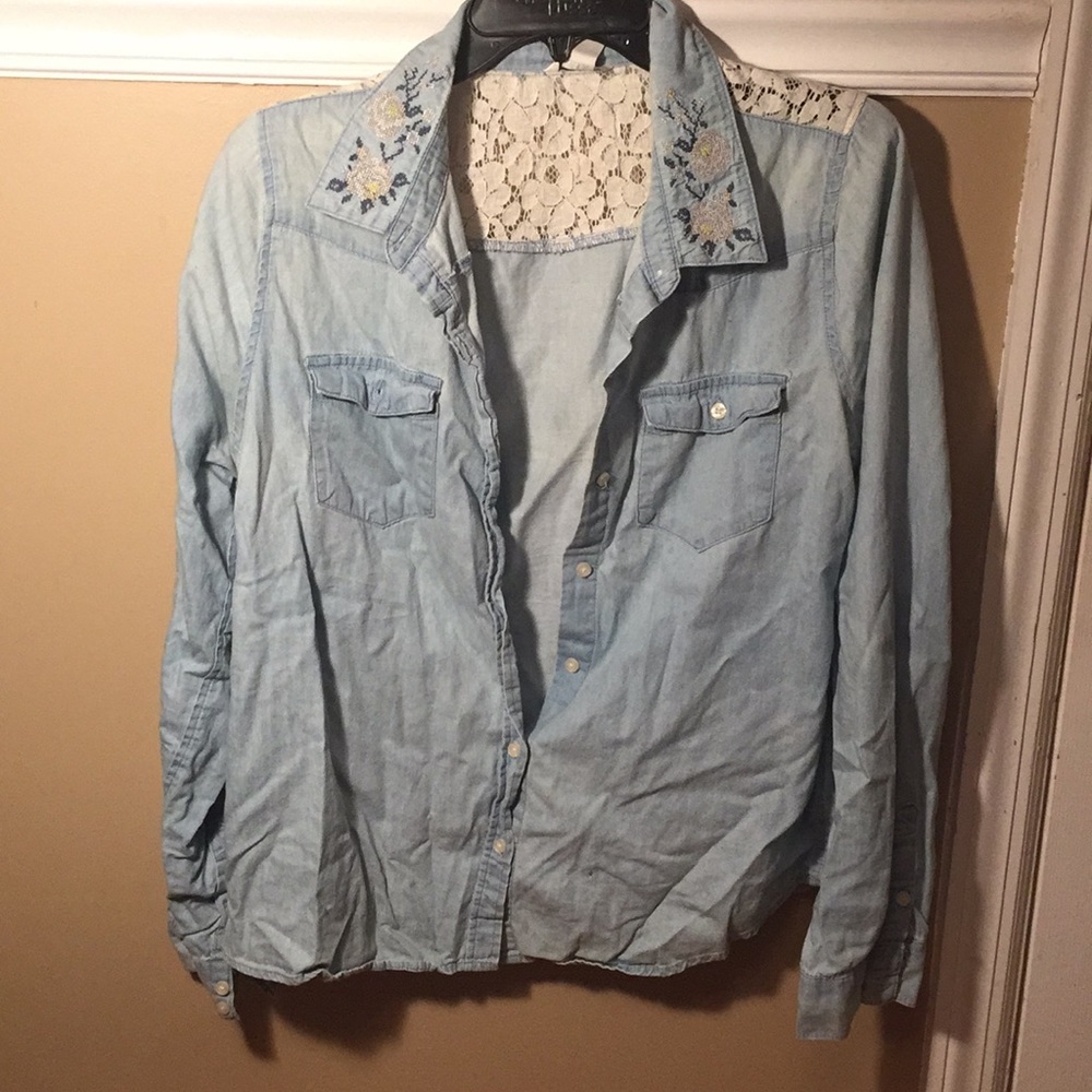light blue denim button down